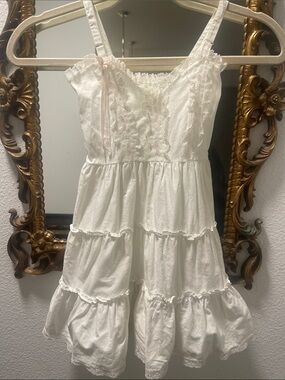 Vintage White Dress with Pale Pink Ribbon, Lace and Embroidery SZ 5/6